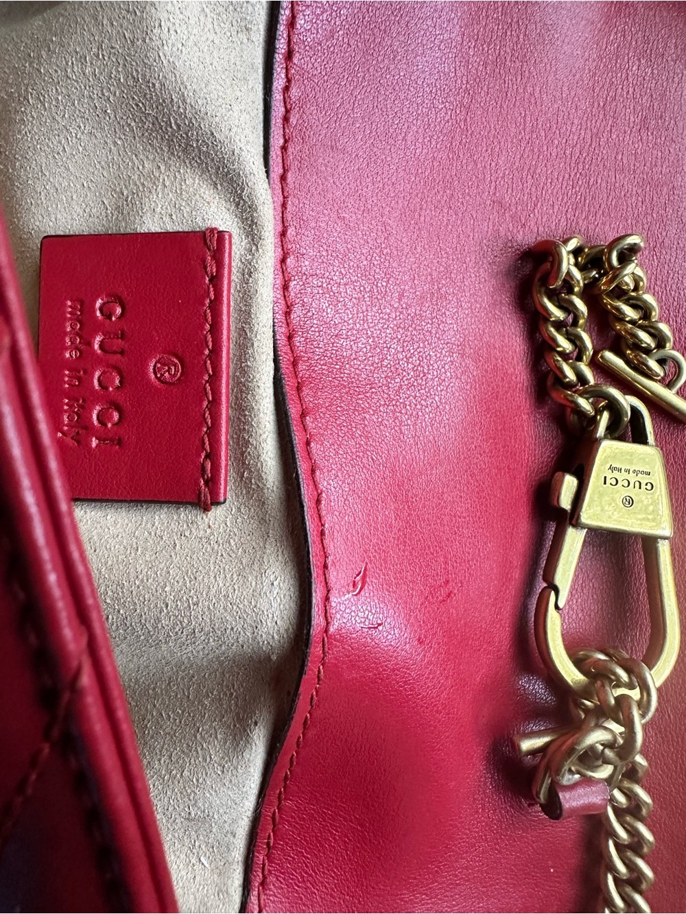 Gucci Red-Pink Leather Shoulder Bag with Gold Chain
